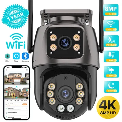 4K 8MP HD Wifi PTZ 카메라 야외 4MP 듀얼 렌즈 듀얼 스크린 AI 자동 추적 IP 카메라 CCTV 오디오 비디오 감시 P2P iCSee